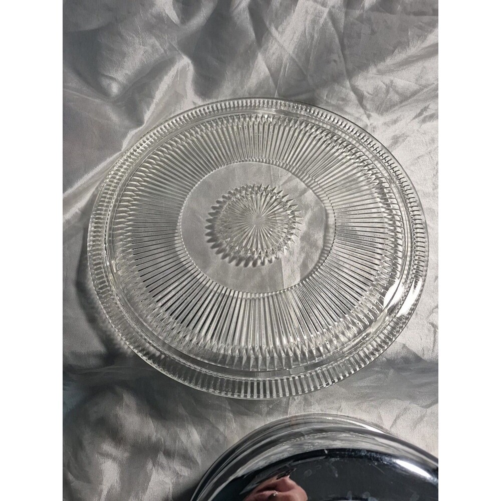 VTG Glass Cake Plate Stainless Steel Dome Lid Covered Dish Ribbed Footed 12" - Picture 10 of 16